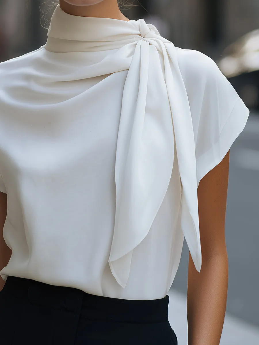 Tie-Neck Draped Short Sleeve Blouse sold by Mooyius product image thumbnail 3