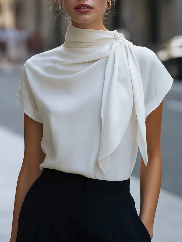 Tie-Neck Draped Short Sleeve Blouse made by Mooyius