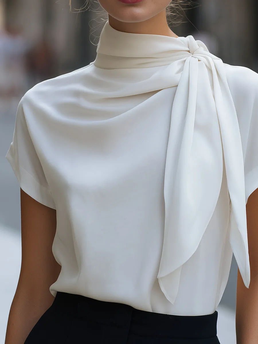 Tie-Neck Draped Short Sleeve Blouse sold by Mooyius product image thumbnail 4