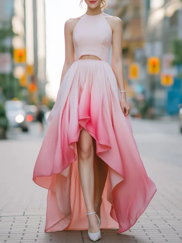 Elegant Pink Gradient High-Low Halter Dress made by Mooyius