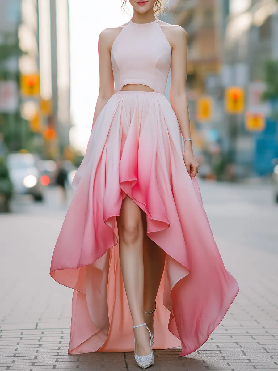 Elegant Pink Gradient High-Low Halter Dress sold by Mooyius