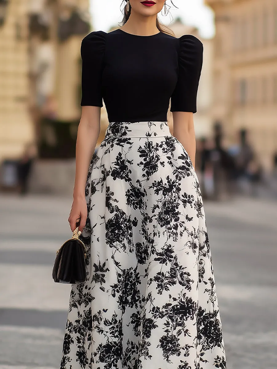 Black Puff Sleeve Bodice & Black Floral Print Maxi Dress sold by Mooyius product image thumbnail 3