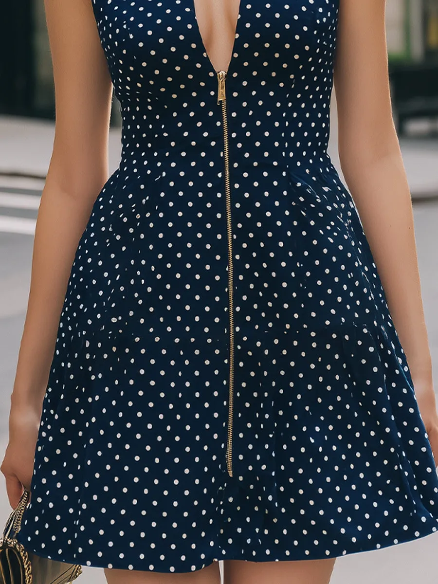 Navy Sleeveless Halter V-Neck Zip-Front Polka Dot Mini Dress sold by Mooyius product image thumbnail 3