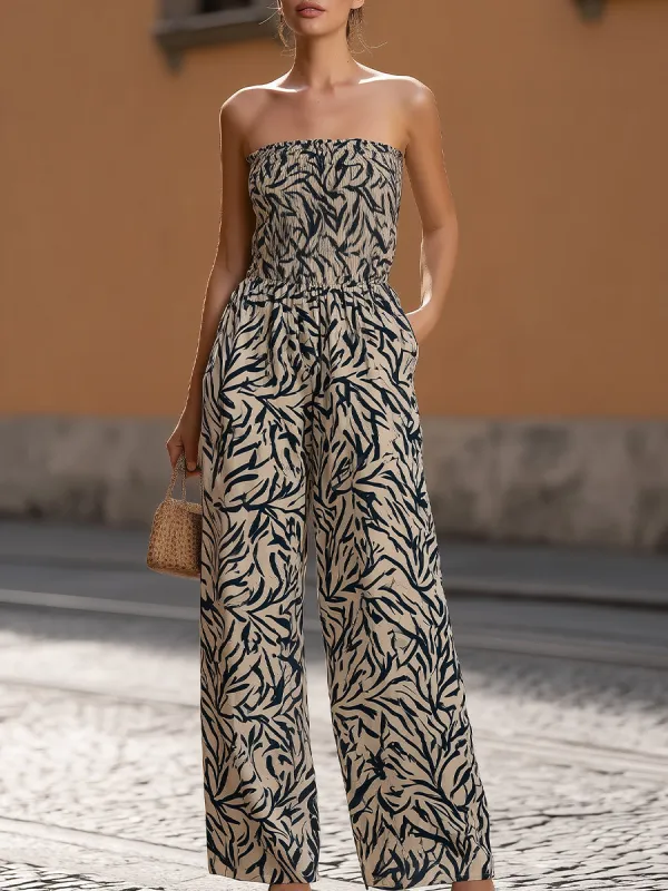 Beige Abstract Leaf Print Strapless Wide-Leg Jumpsuit With Pockets made by Something Navy