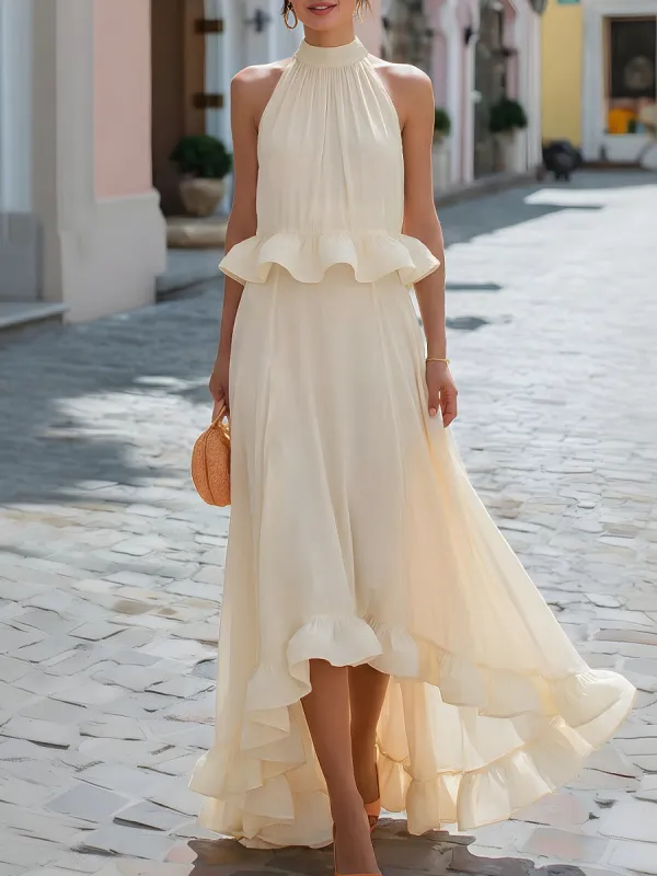 Halter Neck Ruffle Top & Asymmetric Hem Skirt Set made by Mooyius