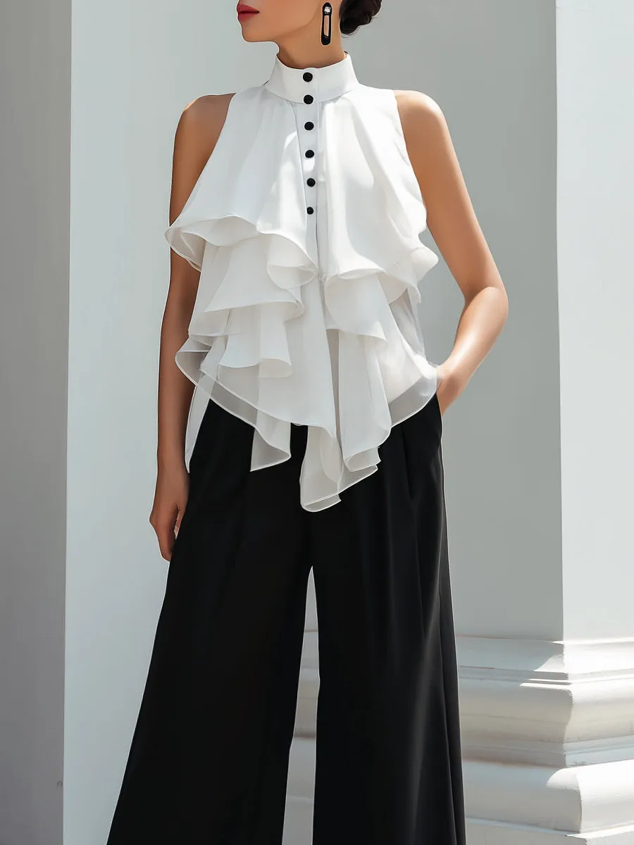 Ruffle High-Neck Blouse & Wide-Leg Trouser Set sold by Mooyius product image thumbnail 2