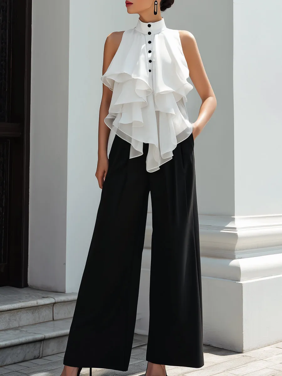Ruffle High-Neck Blouse & Wide-Leg Trouser Set sold by Mooyius