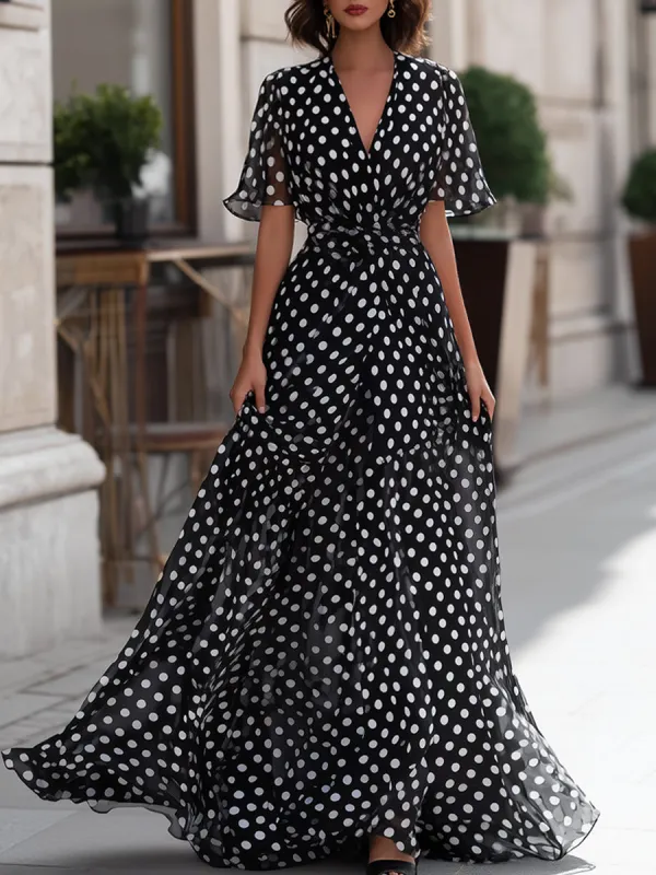 Polka Dot Chiffon V-Neck Maxi Dress made by Mooyius