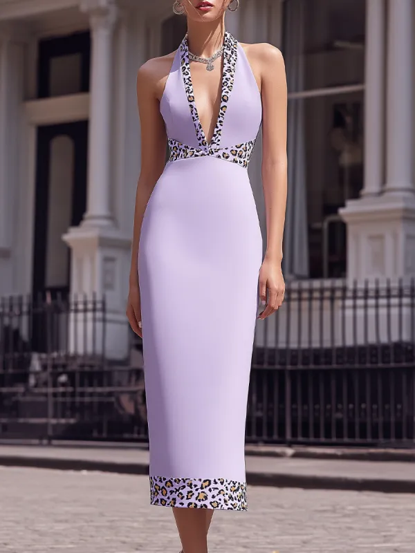 Elegant Leopard Trim Halter Neck Midi Dress made by Mooyius