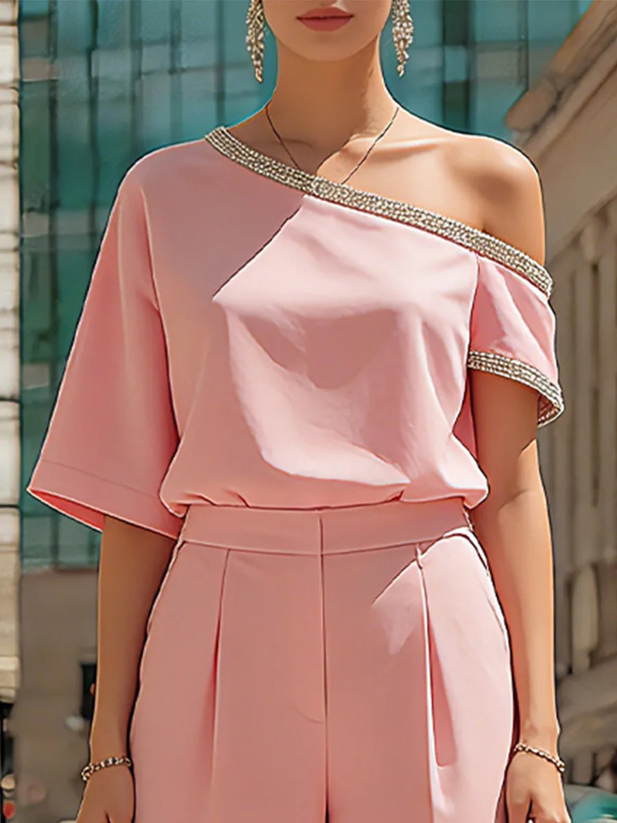 Elegant Blush One-Shoulder Top & Wide-Leg Culotte Set sold by Mooyius product image thumbnail 2
