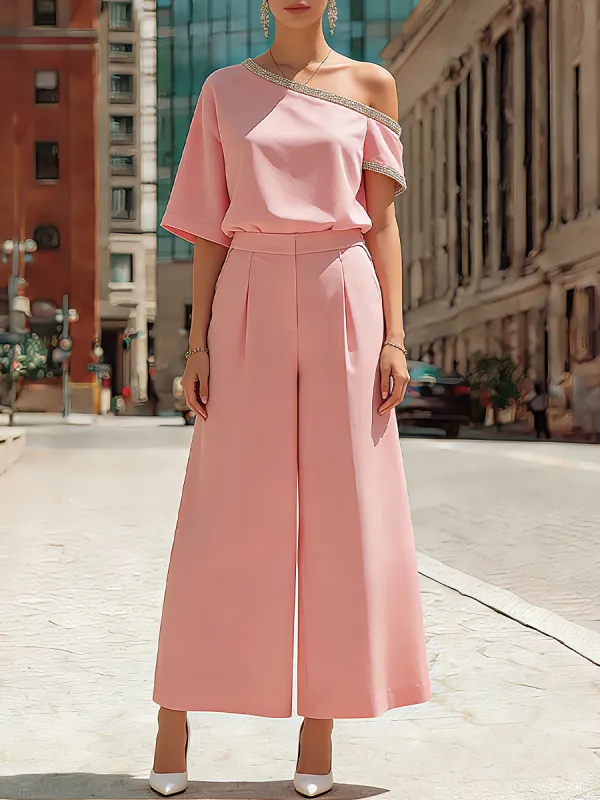 Elegant Blush One-Shoulder Top & Wide-Leg Culotte Set made by Mooyius