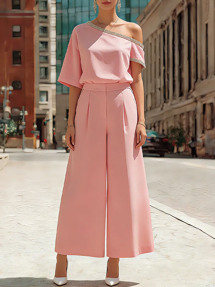 Elegant Blush One-Shoulder Top & Wide-Leg Culotte Set sold by Mooyius