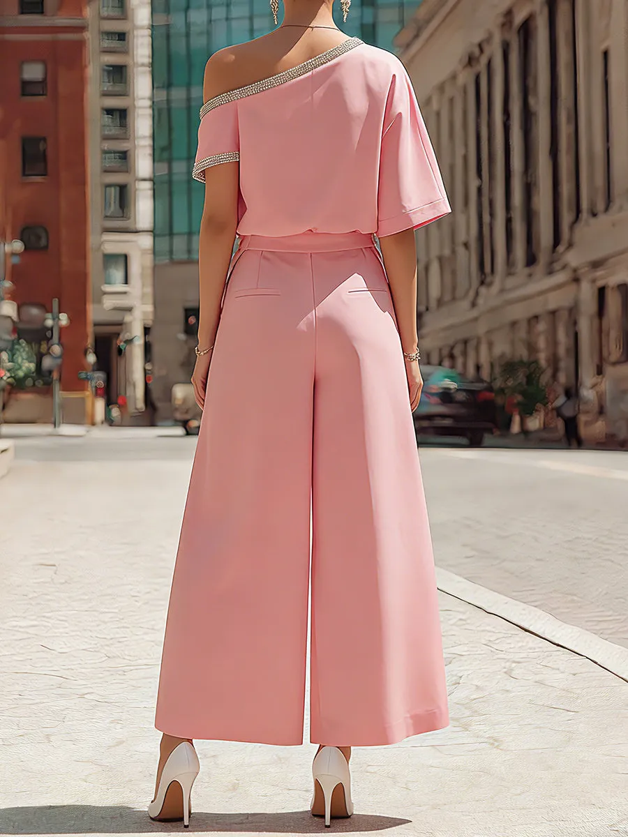 Elegant Blush One-Shoulder Top & Wide-Leg Culotte Set sold by Mooyius product image thumbnail 3