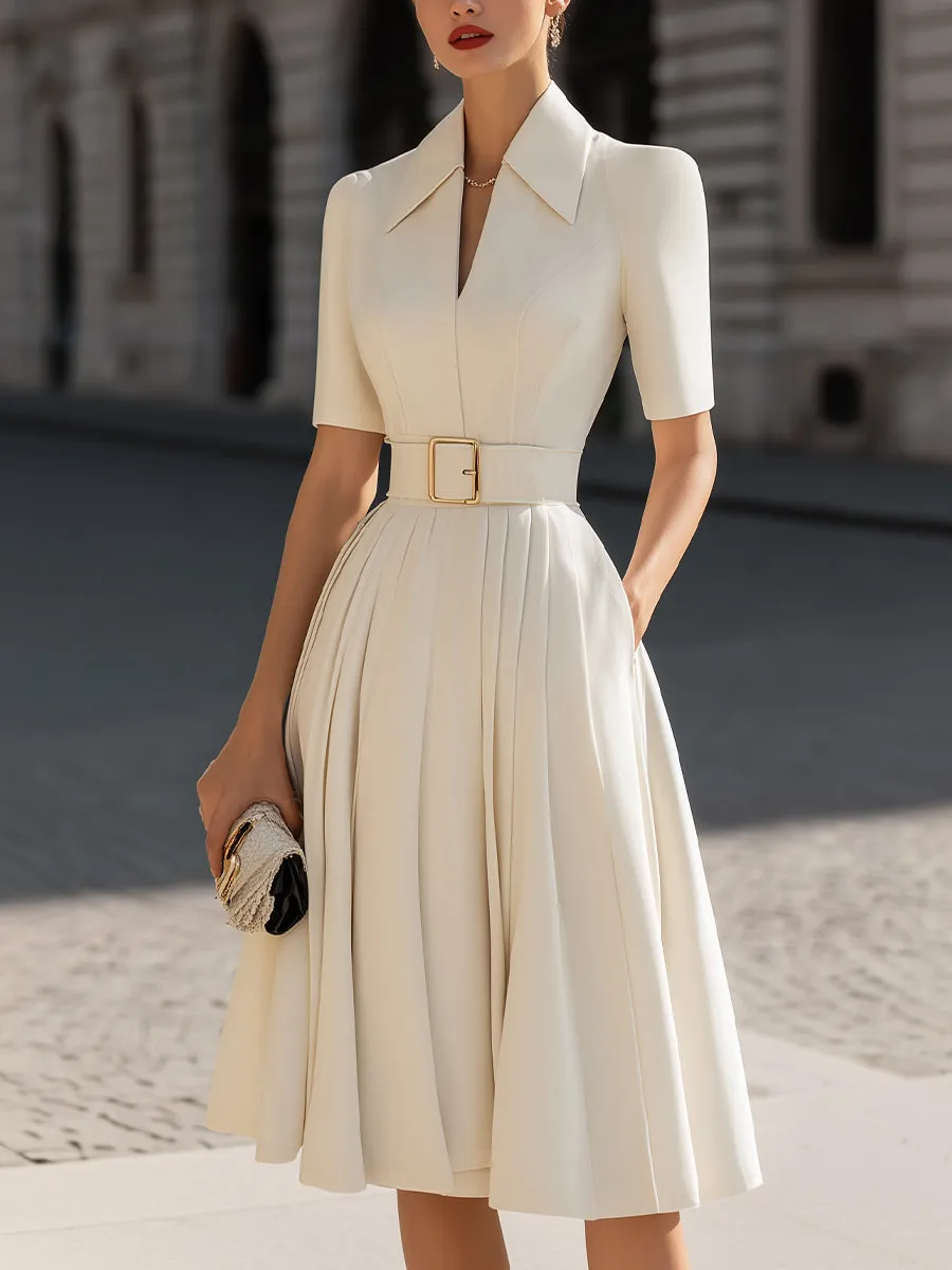 Tailored Collar Belted Pleated Midi Dress sold by Mooyius