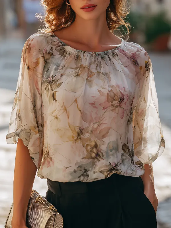 Floral Print Sheer Short Sleeve Blouse made by Mooyius