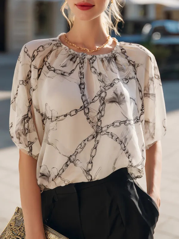 Chain Print Gathered Neck Puff Sleeve Blouse made by Mooyius