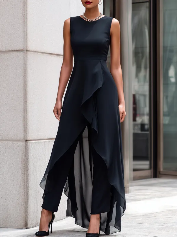 Sleeveless Layered Chiffon Overlay Jumpsuit made by Mooyius