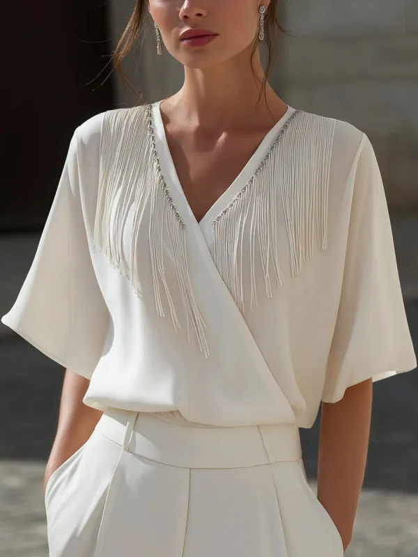 Fringe Trim V-Neck Wrap Blouse made by Mooyius