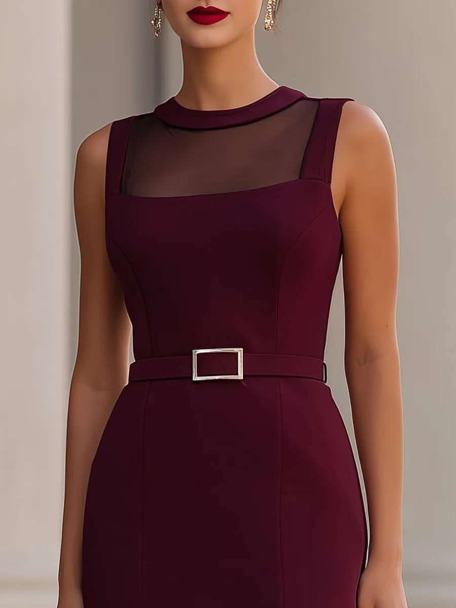 Burgundy Sheer Mesh Panel Sleeveless Belted Mini Bodycon Dress sold by Mooyius product image thumbnail 2