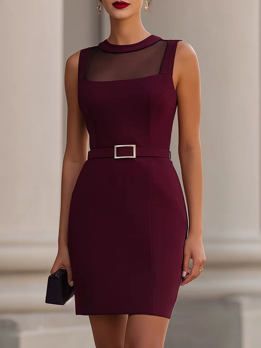Burgundy Sheer Mesh Panel Sleeveless Belted Mini Bodycon Dress sold by Mooyius
