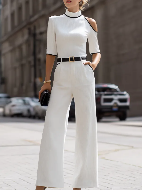 Contrast Trim Cold-Shoulder Top & Wide-Leg Pant Two-Piece Set made by Something Navy