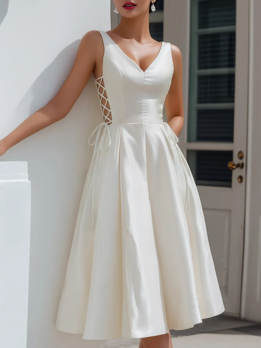 Lace-Up Side Satin A-Line Midi Dress sold by Mooyius