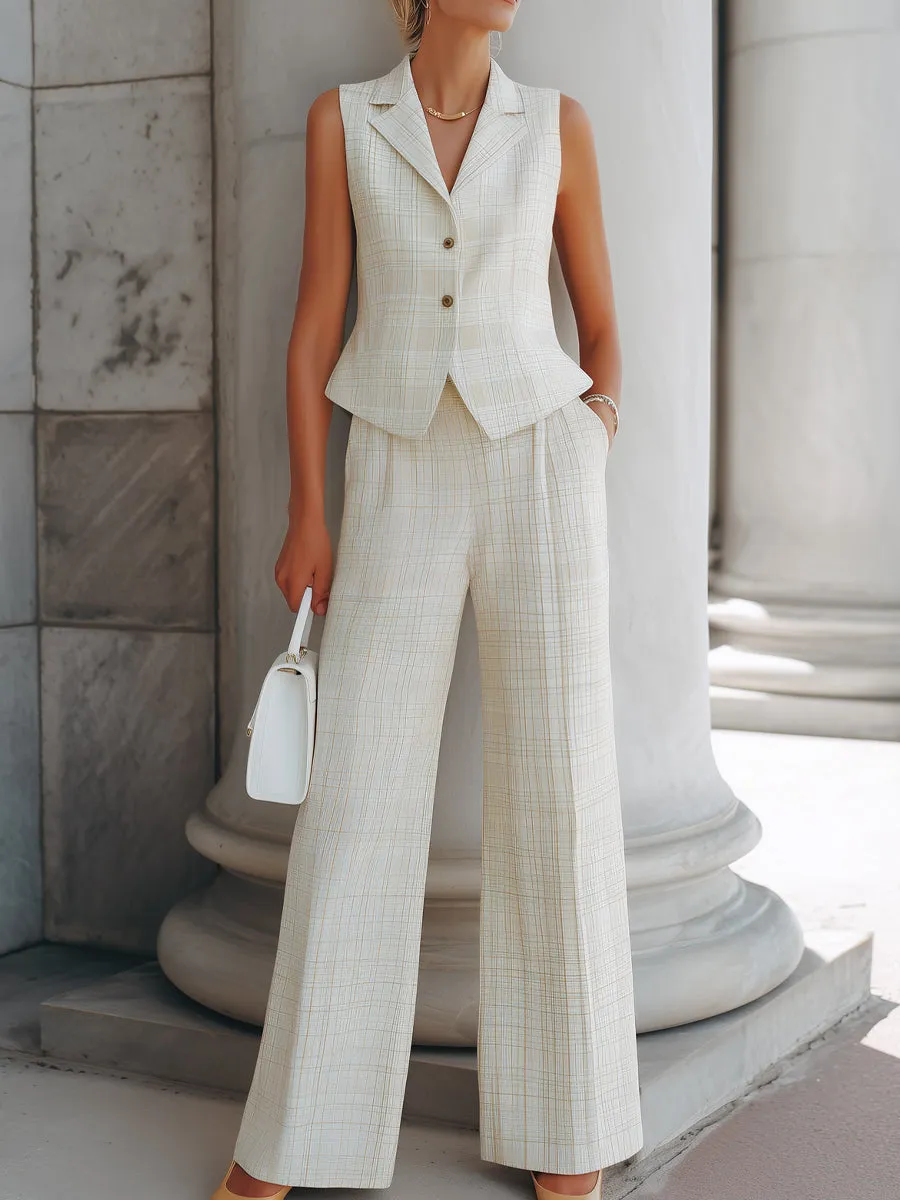 Plaid Sleeveless Tailored Vest And Wide-Leg Trousers Set sold by Mooyius