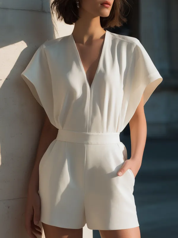 Draped V-Neck Short Sleeve Tailored Romper made by Mooyius