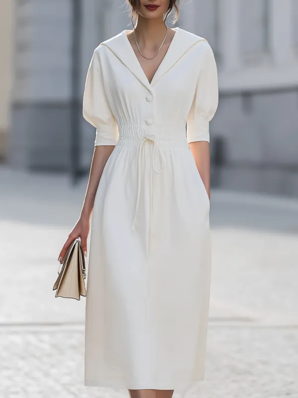 Puff Sleeve Sailor Collar Smocked Waist Midi Dress With Pockets made by Something Navy