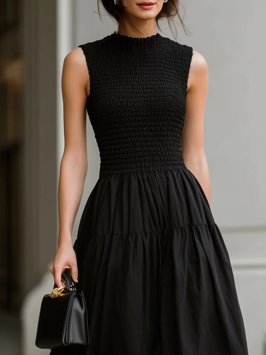 Black Sleeveless Smocked High Neck Tiered Midi Dress sold by Mooyius product image thumbnail 2