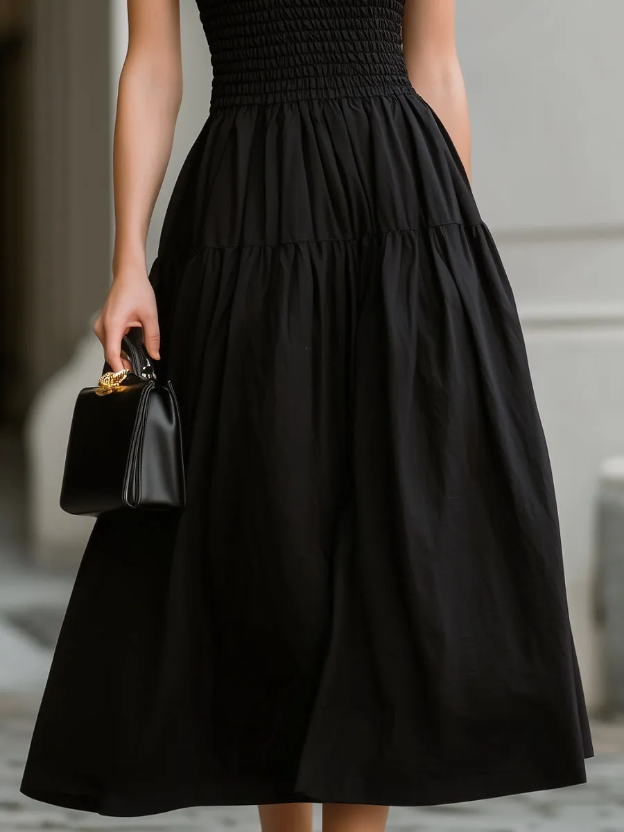 Black Sleeveless Smocked High Neck Tiered Midi Dress sold by Mooyius product image thumbnail 3