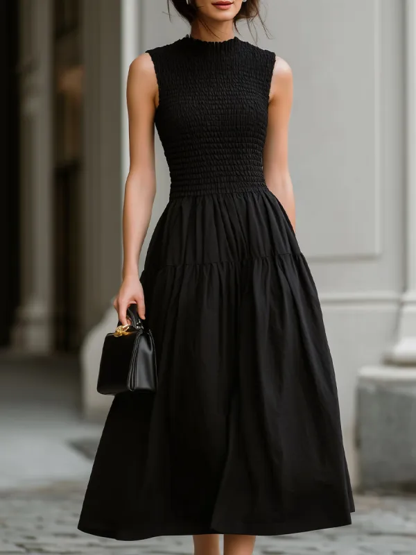 Black Sleeveless Smocked High Neck Tiered Midi Dress made by Something Navy