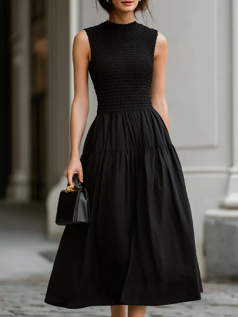 Black Sleeveless Smocked High Neck Tiered Midi Dress sold by Mooyius
