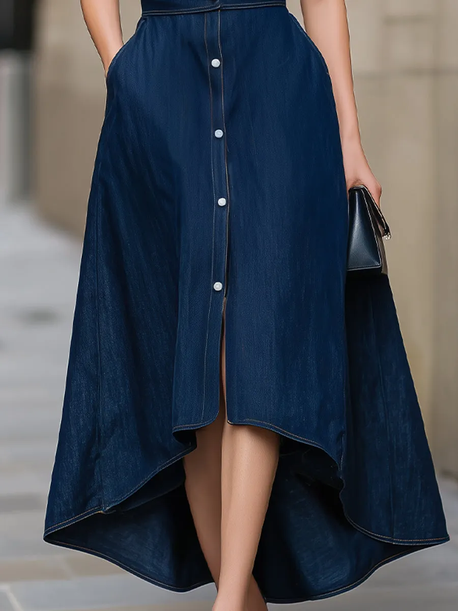 Dark Denim Sleeveless Shirt Dress With High-Low Hem & Pockets sold by Mooyius product image thumbnail 3