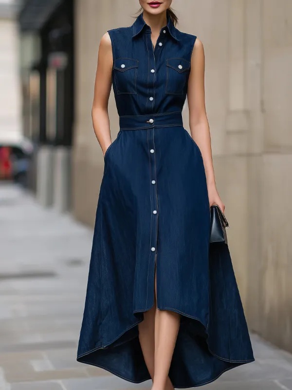 Dark Denim Sleeveless Shirt Dress With High-Low Hem & Pockets made by Something Navy