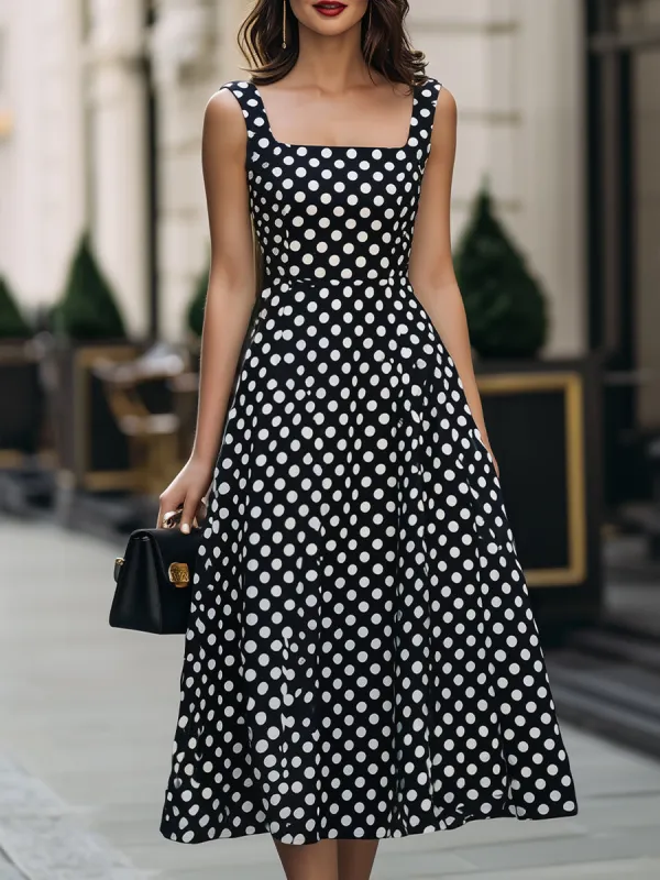 Black & White Polka Dot Square Neck Sleeveless Fit-and-Flare Midi Dress sold by Mooyius