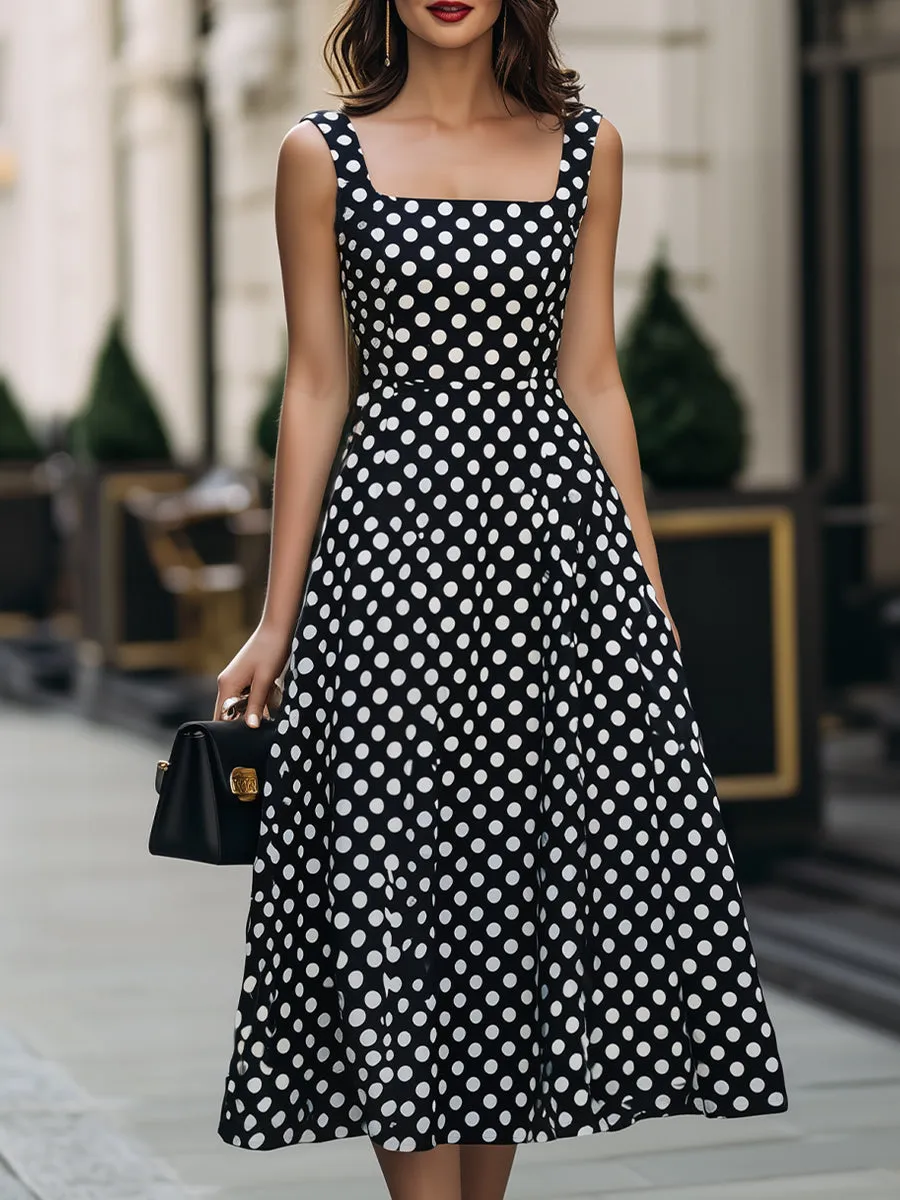 Black & White Polka Dot Square Neck Sleeveless Fit-and-Flare Midi Dress sold by Mooyius