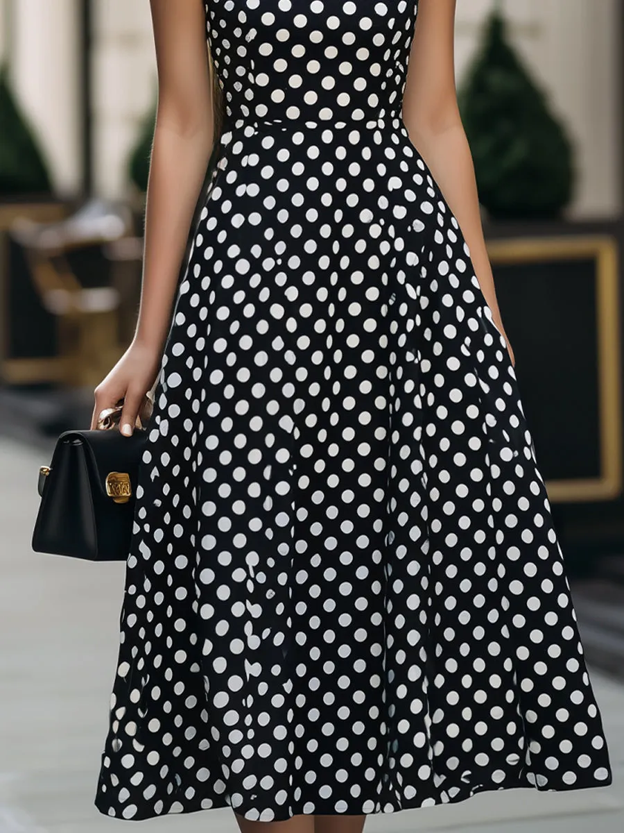 Black & White Polka Dot Square Neck Sleeveless Fit-and-Flare Midi Dress sold by Mooyius product image thumbnail 3