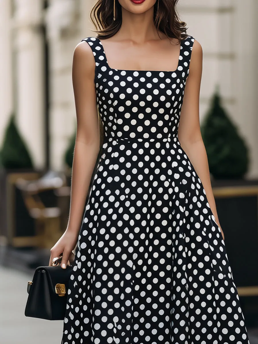 Black & White Polka Dot Square Neck Sleeveless Fit-and-Flare Midi Dress sold by Mooyius product image thumbnail 2