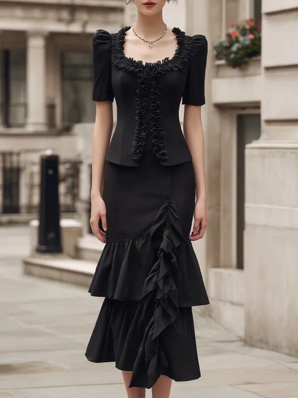 Elegant Ruffled Short Sleeve Jacket And Mermaid Dress Set made by Mooyius