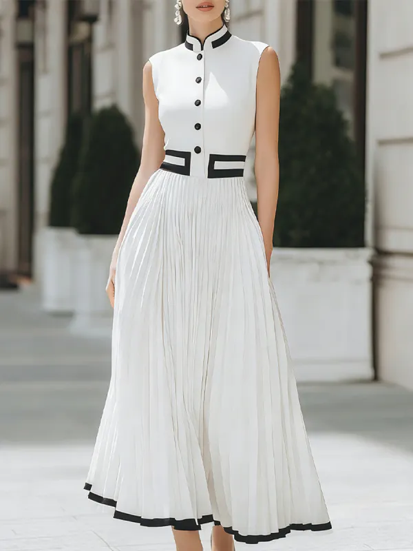 Elegant Contrast Trim Pleated Midi Dress made by Mooyius