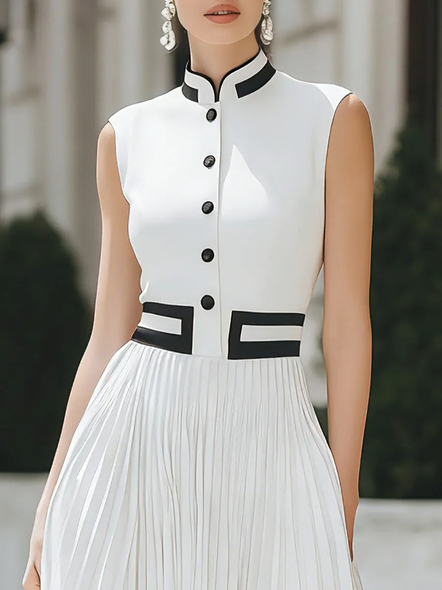 Elegant Contrast Trim Pleated Midi Dress sold by Mooyius product image thumbnail 3