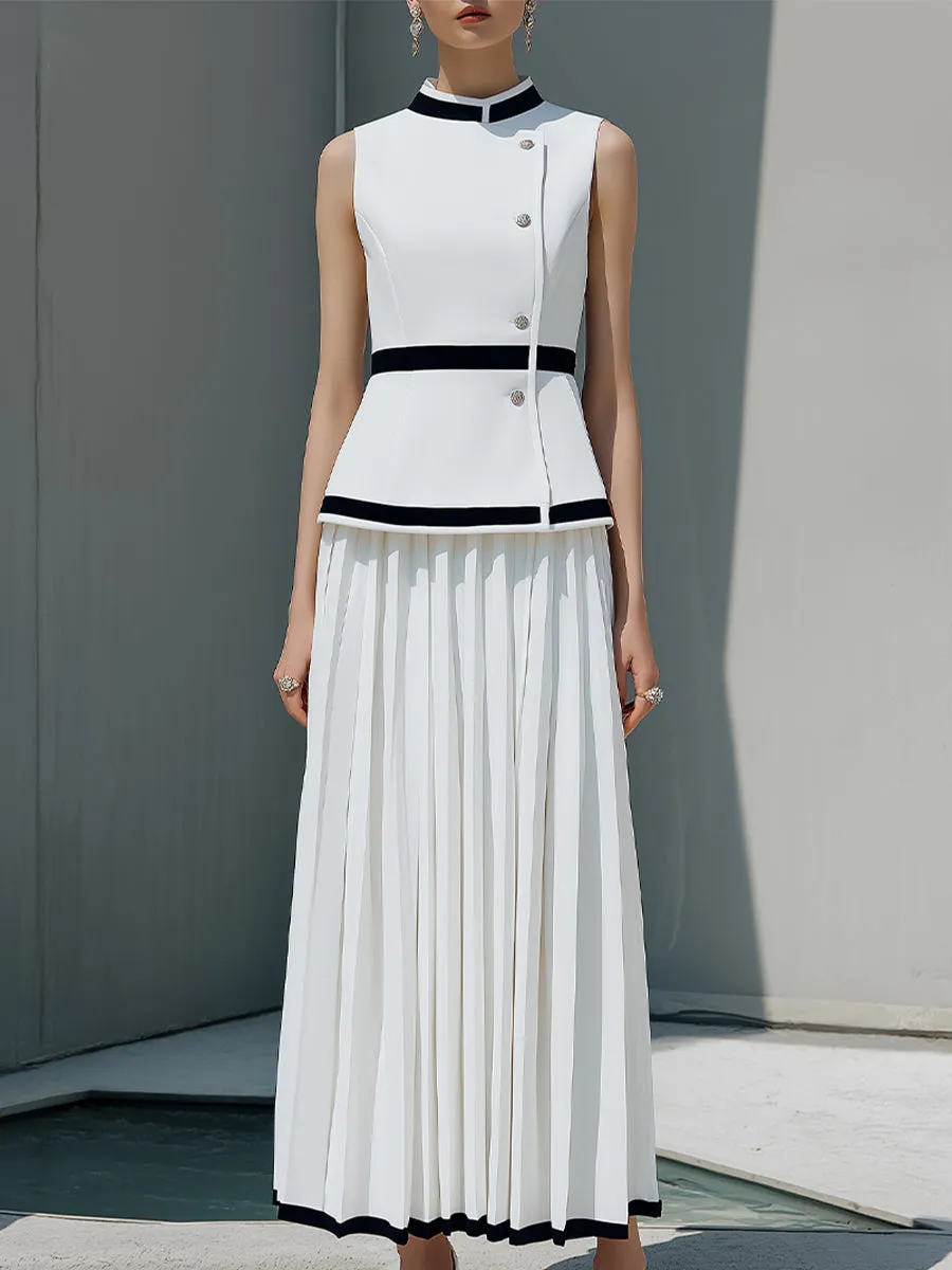 Elegant Sleeveless Structured Top And Pleated Maxi Skirt Set sold by Mooyius