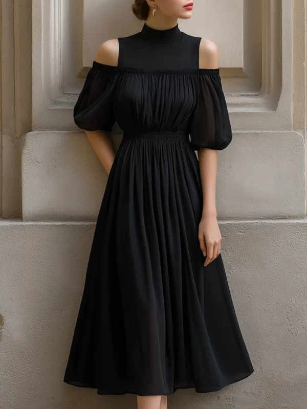 Cold-Shoulder Pleated Chiffon Midi Dress made by Mooyius