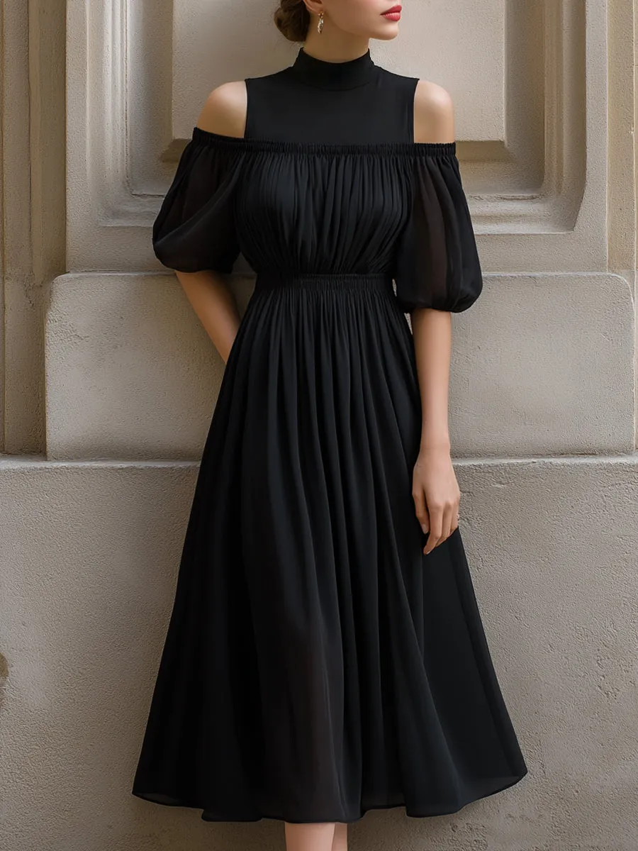 Cold-Shoulder Pleated Chiffon Midi Dress sold by Mooyius