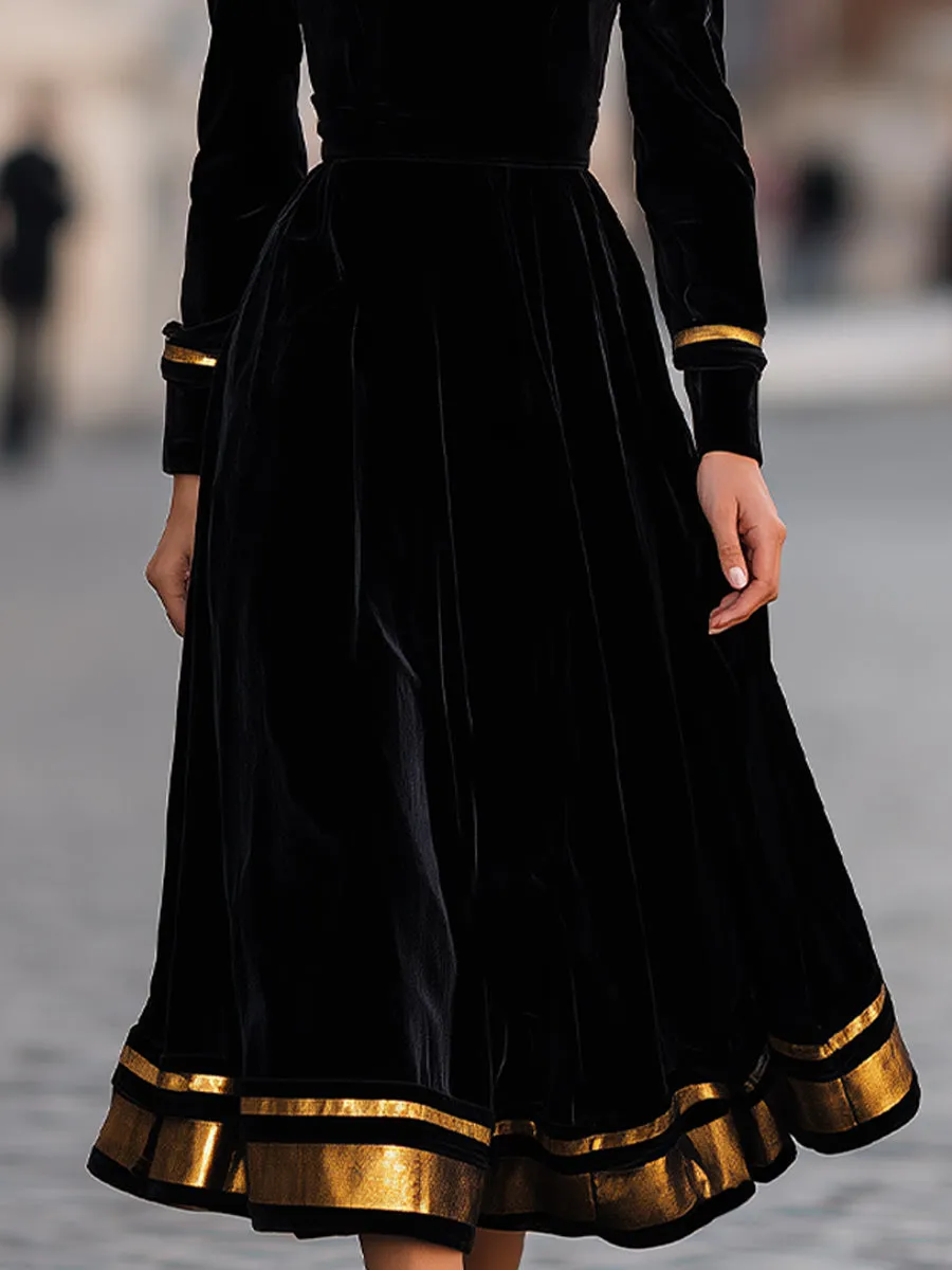 Elegant Velvet Midi Dress With Gold Trim sold by Mooyius product image thumbnail 4