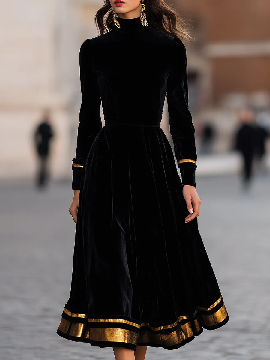 Elegant Velvet Midi Dress With Gold Trim sold by Mooyius