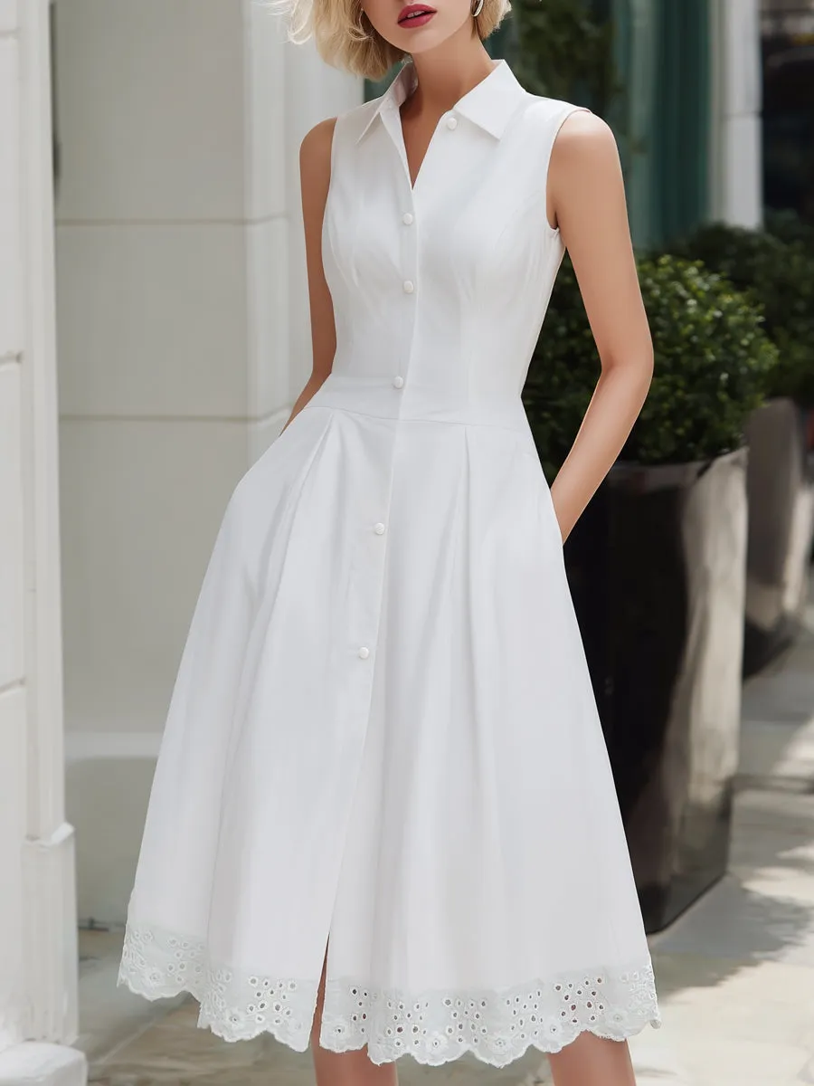 Sleeveless Button-Front Lace Hem Midi Dress sold by Mooyius