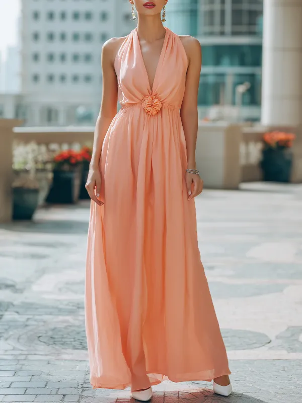 Elegant Halter Neck Chiffon Maxi Dress made by Mooyius