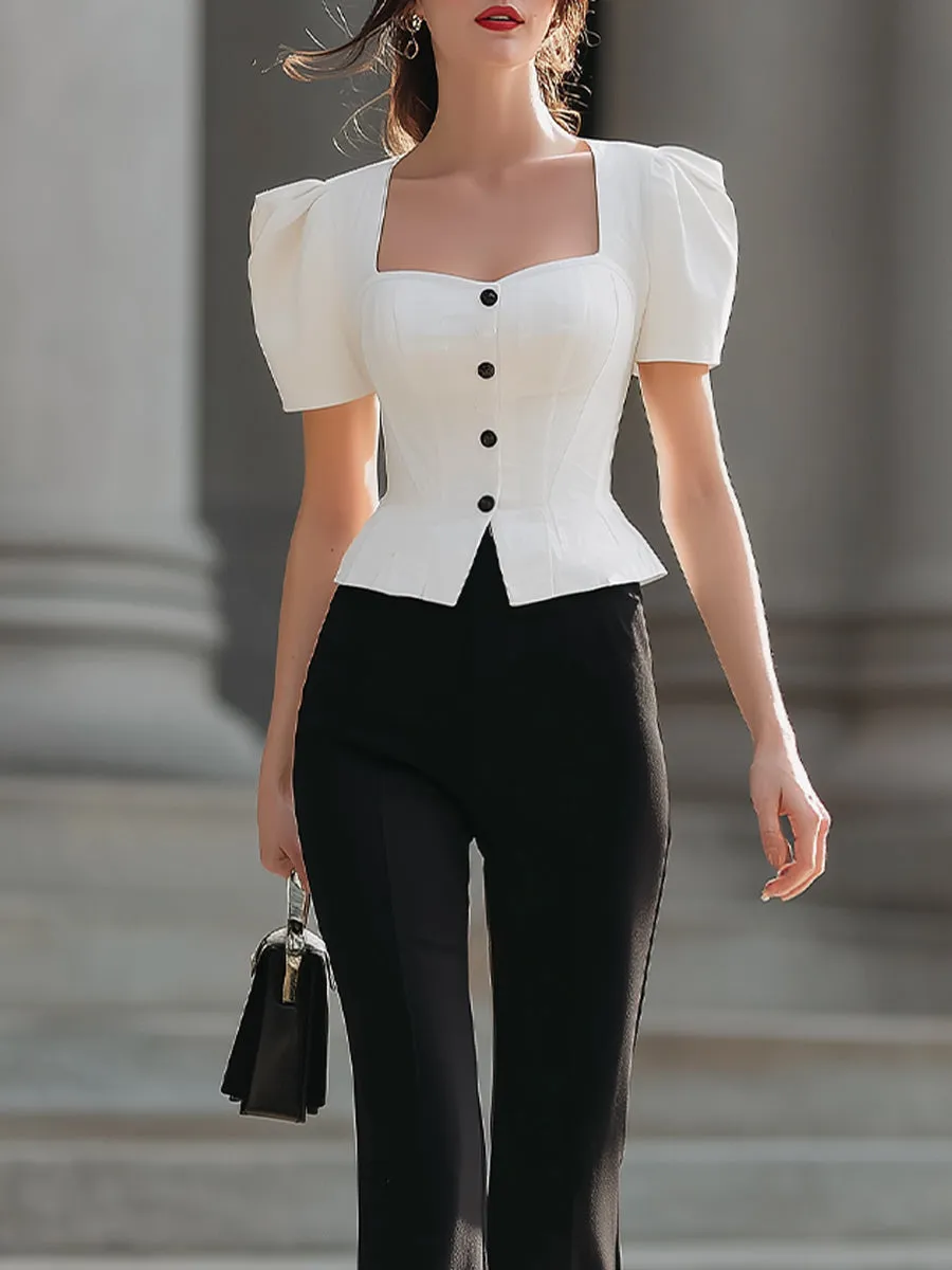 White Puff Sleeve Corset Crop Top & Black Flared Pants sold by Mooyius product image thumbnail 2